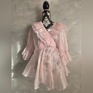 Baby Pink Organza Mesh Sheer Ruffled Mini Dress Top Sz 2X Wo Wo Wrap